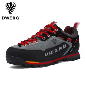 DWZRG Waterproof Hiking Shoes Mountain Climbing Shoes Outdoor Hiking Boots Trekking Sport Sneakers Men Hunting Trekking (Color: Gray Red, size: 43)