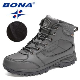 BONA 2022 New Designers Casual Winter Outdoor Snow Shoes Men Fashion Action Leather Plush Warm Boots Man High Top Hiking Shoes (Color: Dark grey S gray, size: 9.5)